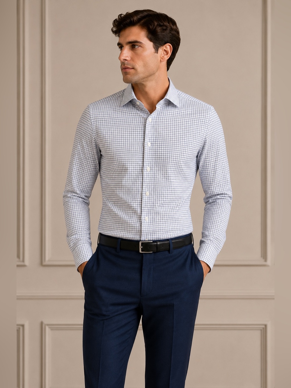 Charles Tyrwhitt Men's White Dress Shirt with Blue Windowpane Check 15.5/33